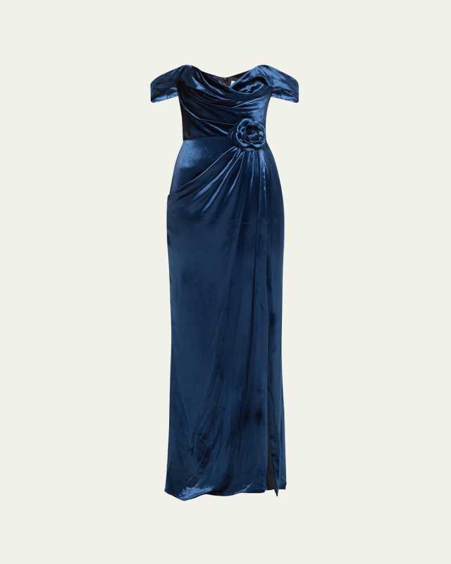 Off-Shoulder Velvet Liquid Gown with Train
